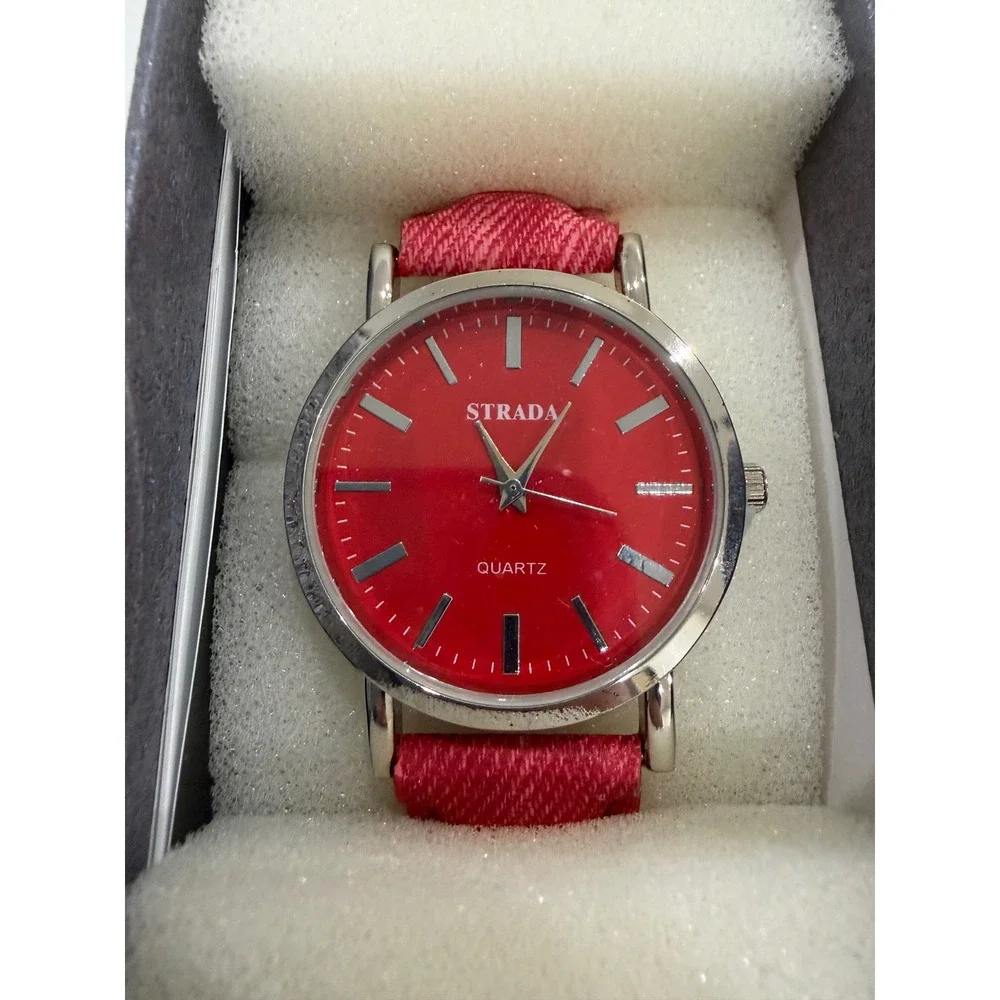 Strada Womens Quartz Watch Red‎ Dial Textured Fabric Strap Silver Tone Case New